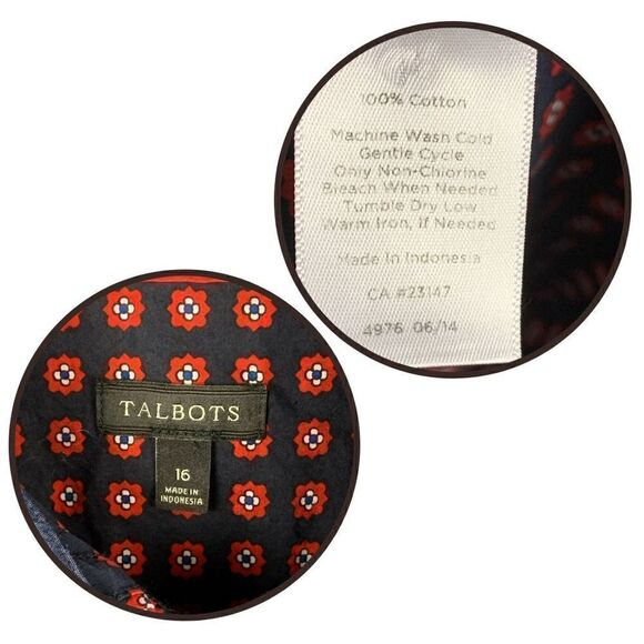 Talbots Red Black Tiny Floral Print Button Up Shirt Women's Roll Tab Size16 - Picture 4 of 4